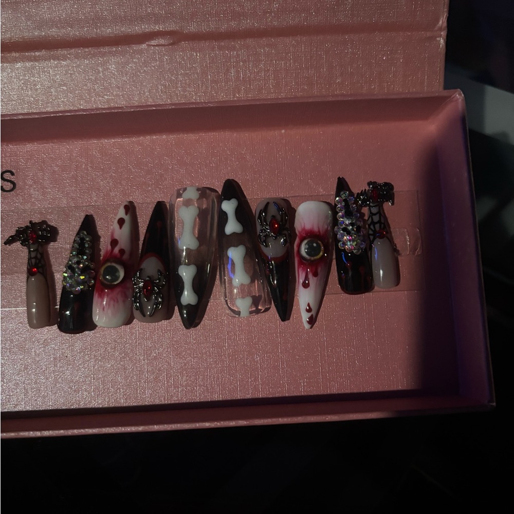 Luful nails Halloween Themed Nail Set with Bone and Eye Designs
